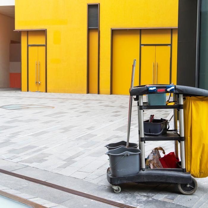 Cleaner cart in a public place with cleaning products: mop, buckets for cleaning the floor, broom scoop, household chemicals, household rags